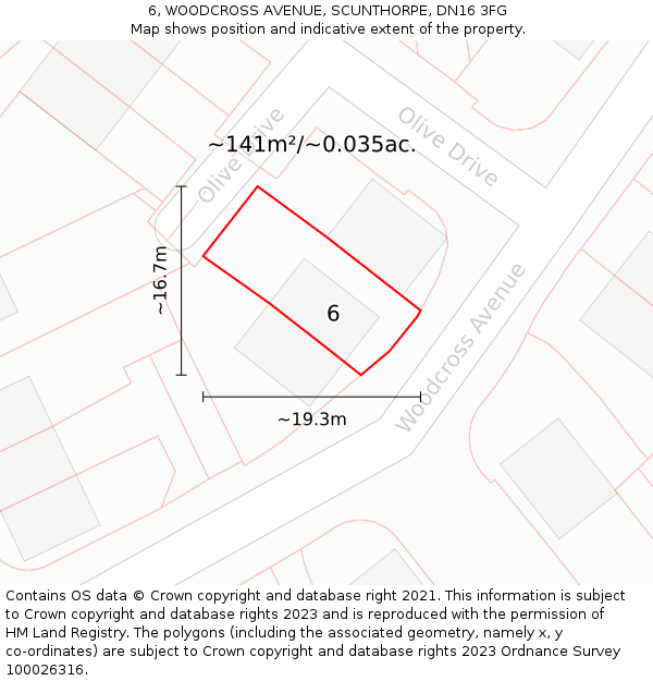 6, WOODCROSS AVENUE, SCUNTHORPE, DN16 3FG: Plot and title map