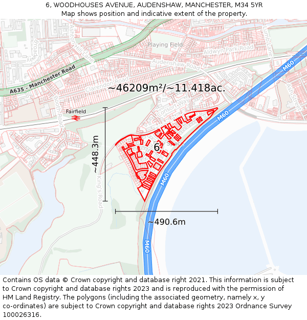 6, WOODHOUSES AVENUE, AUDENSHAW, MANCHESTER, M34 5YR: Plot and title map