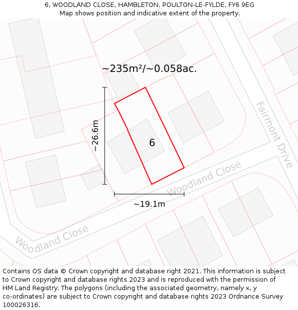 6, WOODLAND CLOSE, HAMBLETON, POULTON-LE-FYLDE, FY6 9EG: Plot and title map