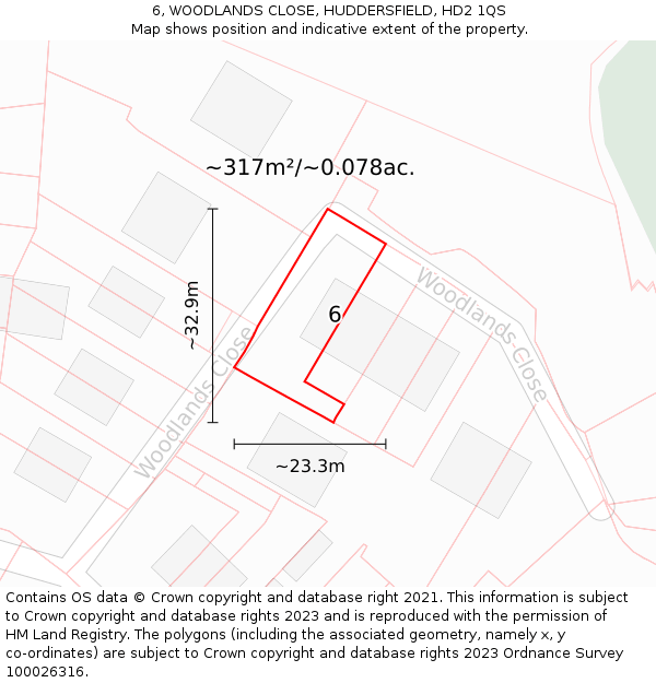 6, WOODLANDS CLOSE, HUDDERSFIELD, HD2 1QS: Plot and title map