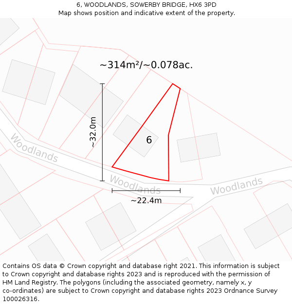 6, WOODLANDS, SOWERBY BRIDGE, HX6 3PD: Plot and title map