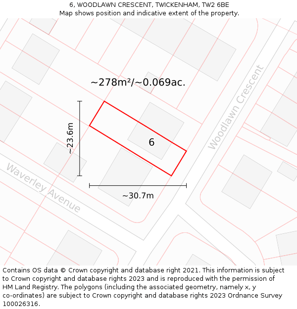6, WOODLAWN CRESCENT, TWICKENHAM, TW2 6BE: Plot and title map