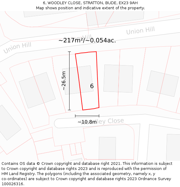 6, WOODLEY CLOSE, STRATTON, BUDE, EX23 9AH: Plot and title map