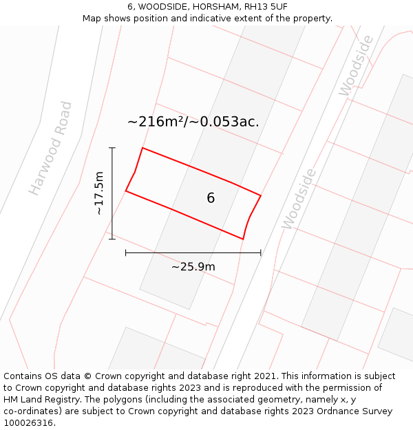 6, WOODSIDE, HORSHAM, RH13 5UF: Plot and title map