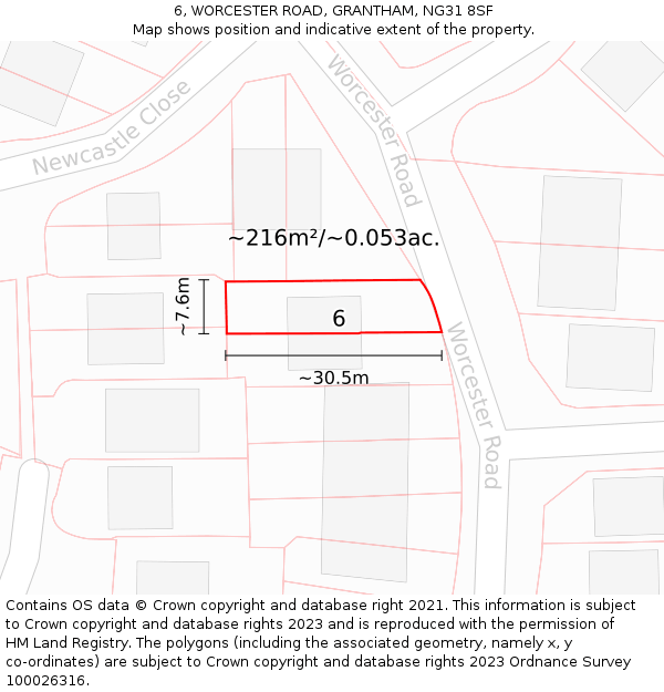 6, WORCESTER ROAD, GRANTHAM, NG31 8SF: Plot and title map