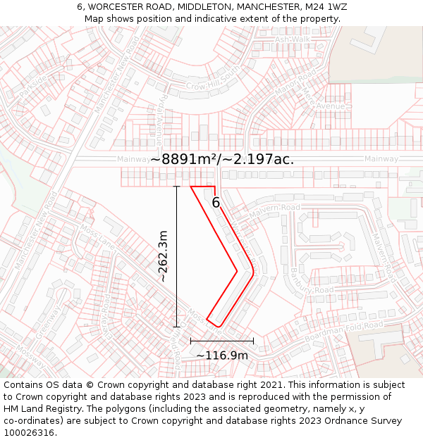 6, WORCESTER ROAD, MIDDLETON, MANCHESTER, M24 1WZ: Plot and title map