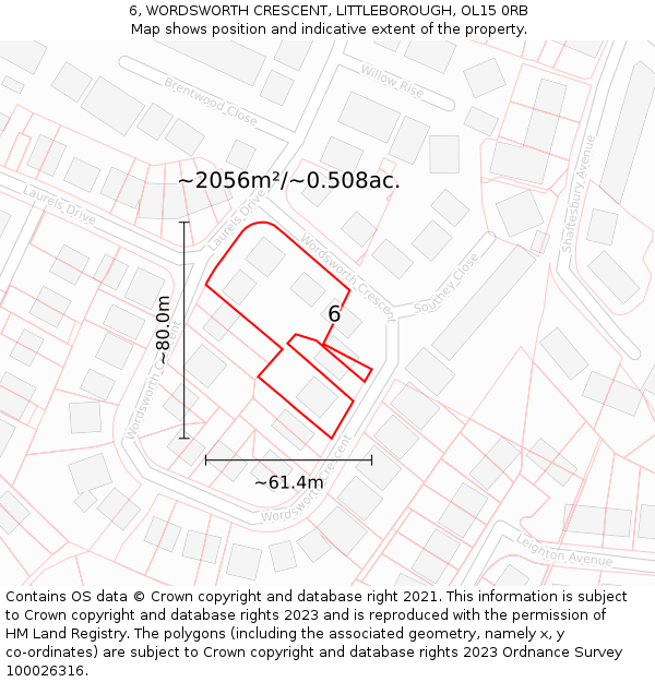 6, WORDSWORTH CRESCENT, LITTLEBOROUGH, OL15 0RB: Plot and title map