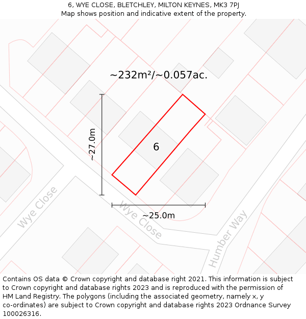 6, WYE CLOSE, BLETCHLEY, MILTON KEYNES, MK3 7PJ: Plot and title map