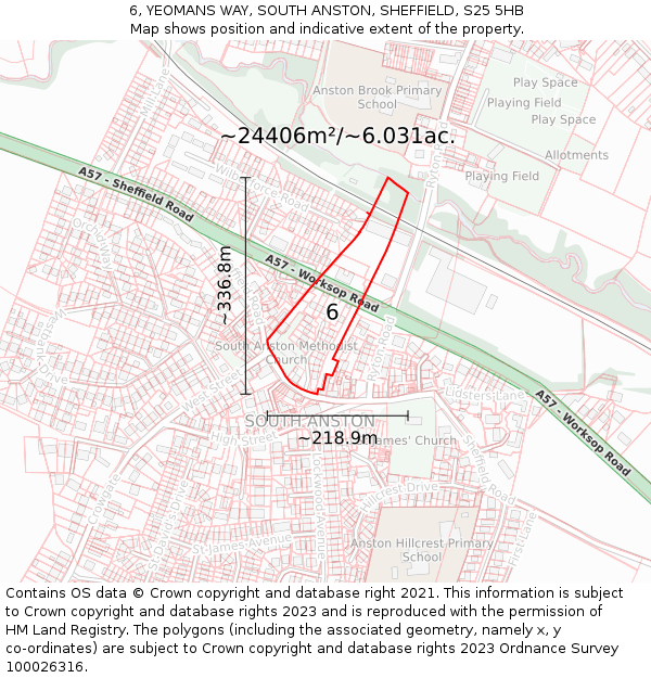 6, YEOMANS WAY, SOUTH ANSTON, SHEFFIELD, S25 5HB: Plot and title map