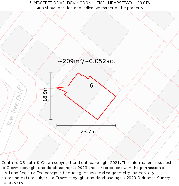 6, YEW TREE DRIVE, BOVINGDON, HEMEL HEMPSTEAD, HP3 0TA: Plot and title map
