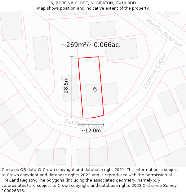 6, ZORRINA CLOSE, NUNEATON, CV10 9QD: Plot and title map