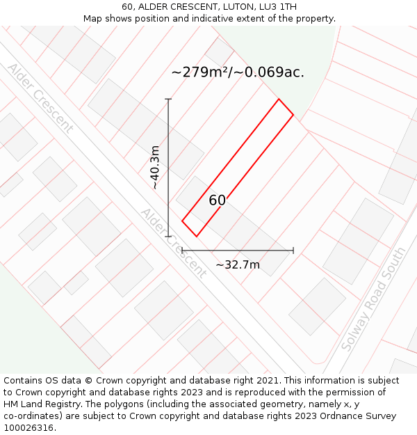 60, ALDER CRESCENT, LUTON, LU3 1TH: Plot and title map