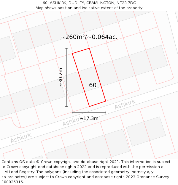 60, ASHKIRK, DUDLEY, CRAMLINGTON, NE23 7DG: Plot and title map