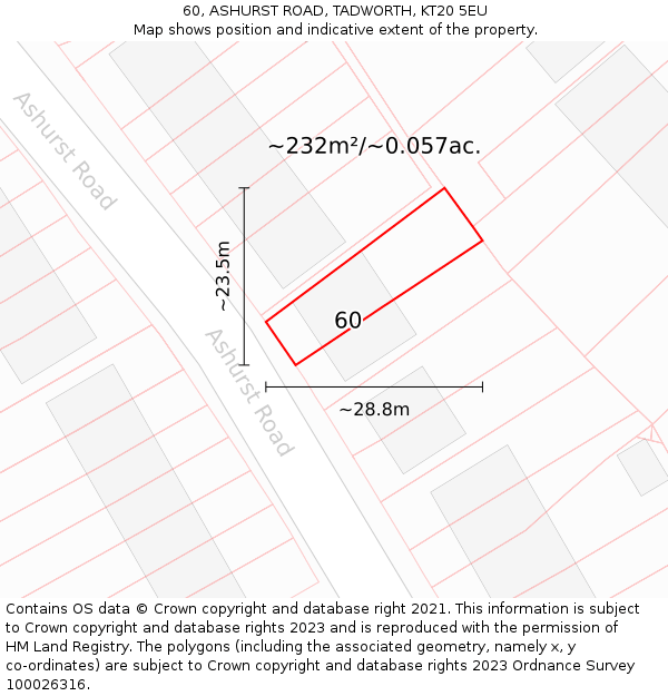 60, ASHURST ROAD, TADWORTH, KT20 5EU: Plot and title map