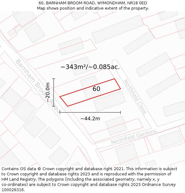 60, BARNHAM BROOM ROAD, WYMONDHAM, NR18 0ED: Plot and title map