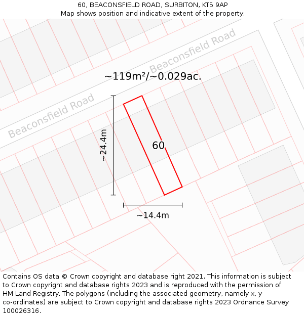 60, BEACONSFIELD ROAD, SURBITON, KT5 9AP: Plot and title map