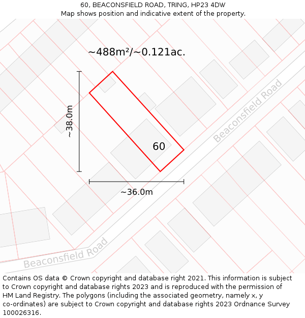 60, BEACONSFIELD ROAD, TRING, HP23 4DW: Plot and title map