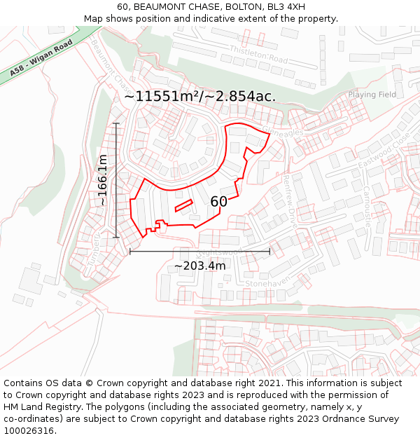 60, BEAUMONT CHASE, BOLTON, BL3 4XH: Plot and title map