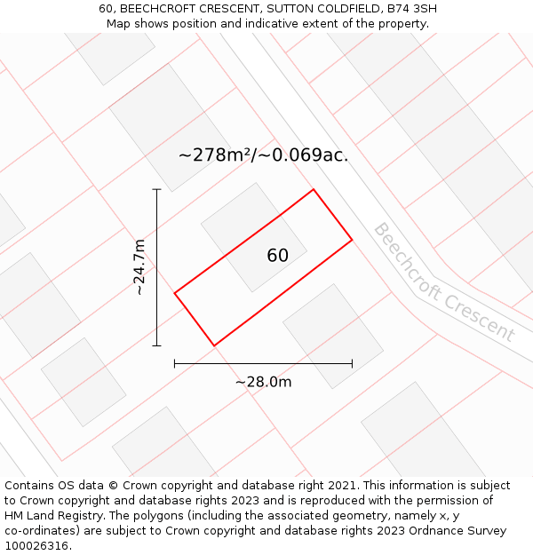 60, BEECHCROFT CRESCENT, SUTTON COLDFIELD, B74 3SH: Plot and title map