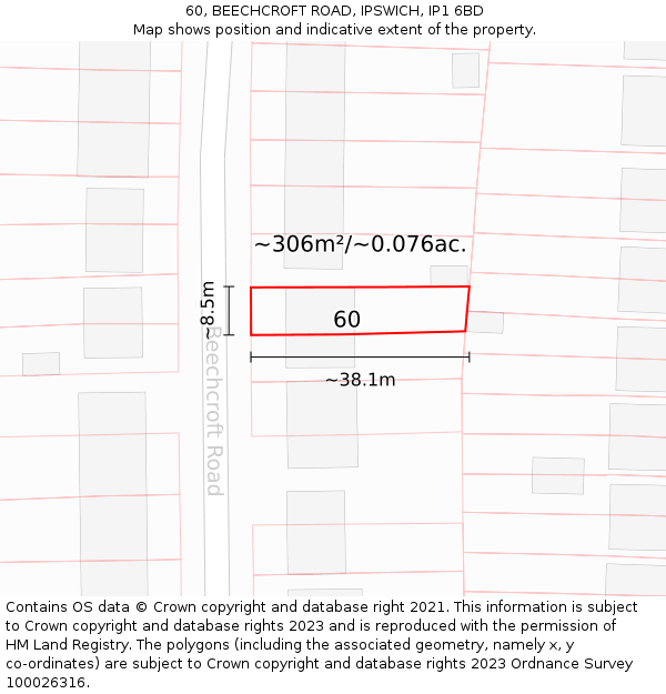 60, BEECHCROFT ROAD, IPSWICH, IP1 6BD: Plot and title map