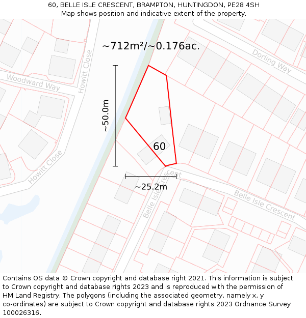 60, BELLE ISLE CRESCENT, BRAMPTON, HUNTINGDON, PE28 4SH: Plot and title map