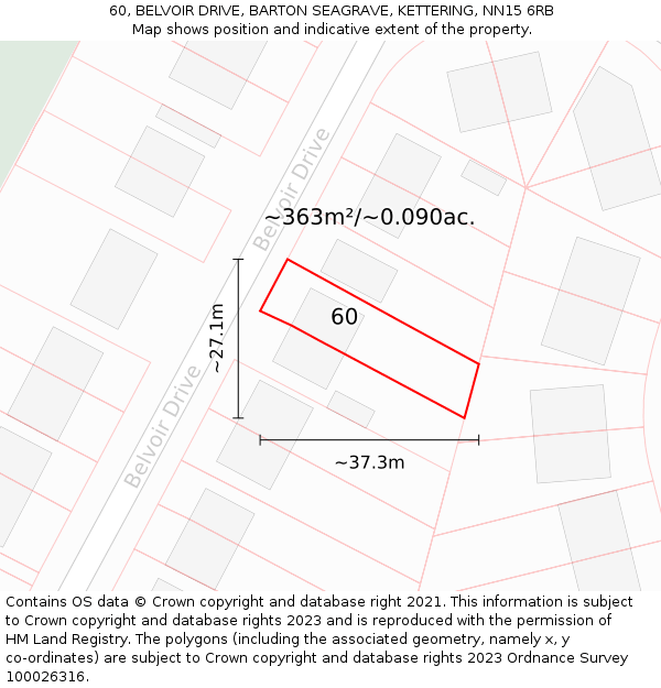 60, BELVOIR DRIVE, BARTON SEAGRAVE, KETTERING, NN15 6RB: Plot and title map