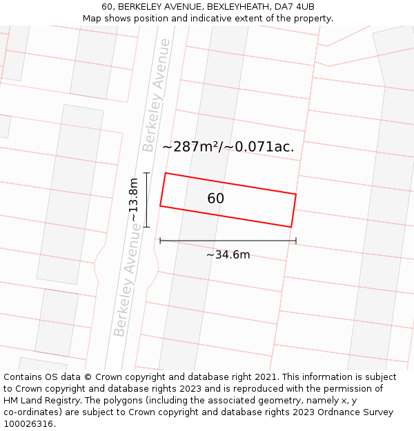 60, BERKELEY AVENUE, BEXLEYHEATH, DA7 4UB: Plot and title map