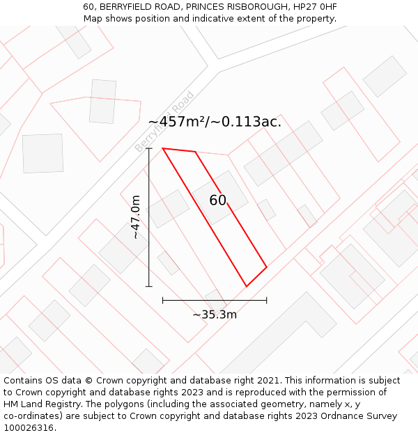 60, BERRYFIELD ROAD, PRINCES RISBOROUGH, HP27 0HF: Plot and title map