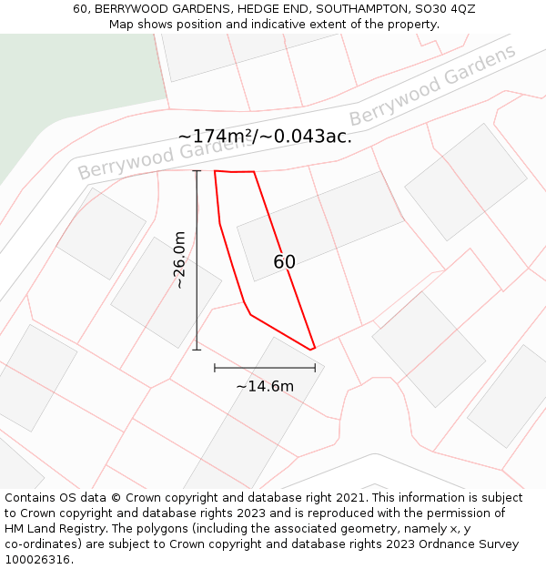 60, BERRYWOOD GARDENS, HEDGE END, SOUTHAMPTON, SO30 4QZ: Plot and title map