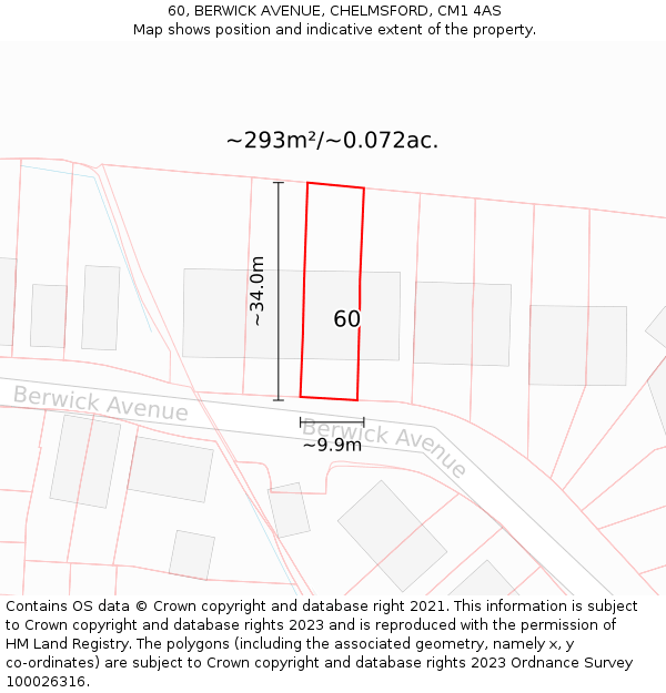 60, BERWICK AVENUE, CHELMSFORD, CM1 4AS: Plot and title map