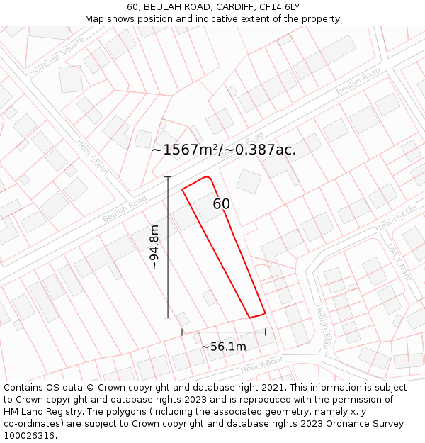 60, BEULAH ROAD, CARDIFF, CF14 6LY: Plot and title map