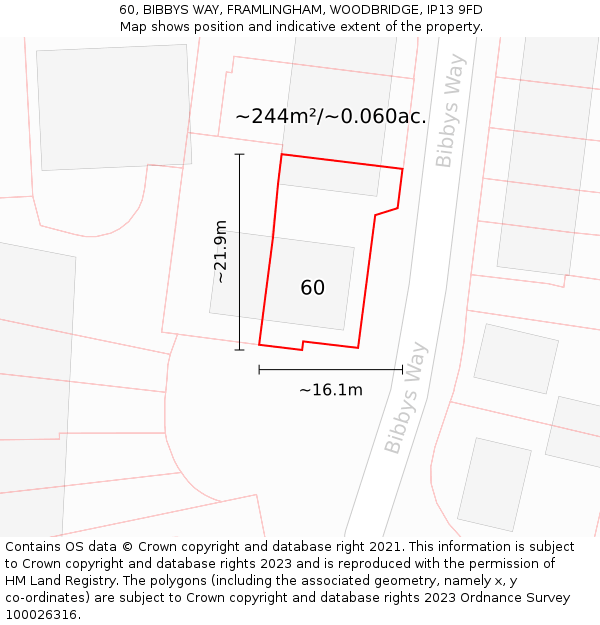 60, BIBBYS WAY, FRAMLINGHAM, WOODBRIDGE, IP13 9FD: Plot and title map