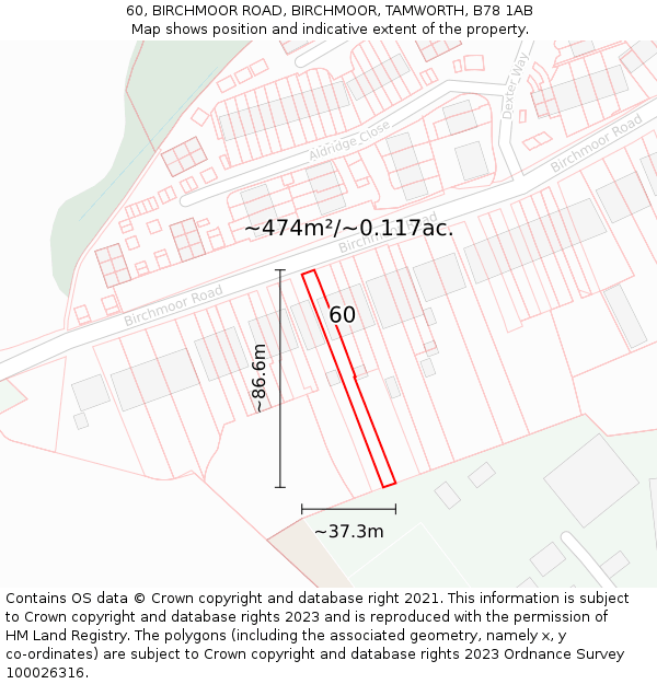 60, BIRCHMOOR ROAD, BIRCHMOOR, TAMWORTH, B78 1AB: Plot and title map