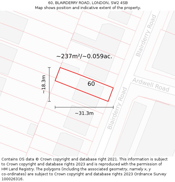 60, BLAIRDERRY ROAD, LONDON, SW2 4SB: Plot and title map