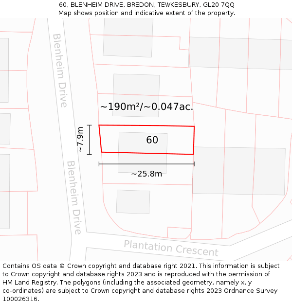 60, BLENHEIM DRIVE, BREDON, TEWKESBURY, GL20 7QQ: Plot and title map