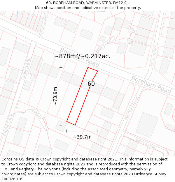 60, BOREHAM ROAD, WARMINSTER, BA12 9JL: Plot and title map