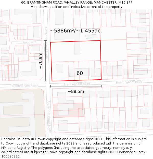 60, BRANTINGHAM ROAD, WHALLEY RANGE, MANCHESTER, M16 8PP: Plot and title map