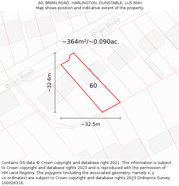 60, BRIAN ROAD, HARLINGTON, DUNSTABLE, LU5 6NH: Plot and title map