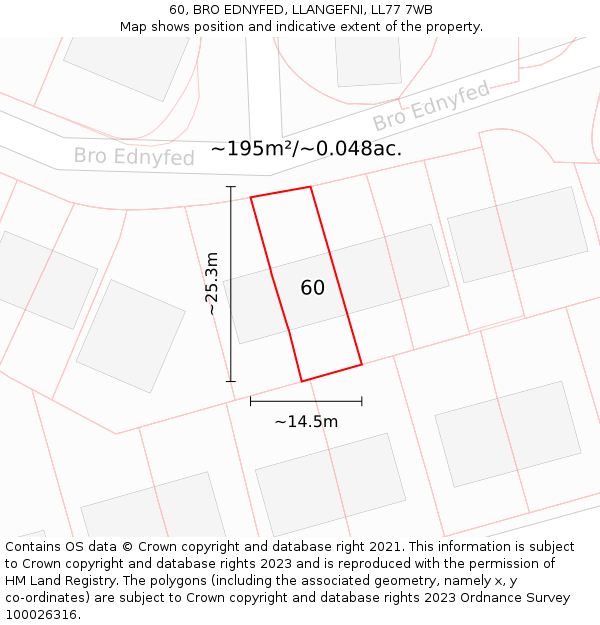 60, BRO EDNYFED, LLANGEFNI, LL77 7WB: Plot and title map