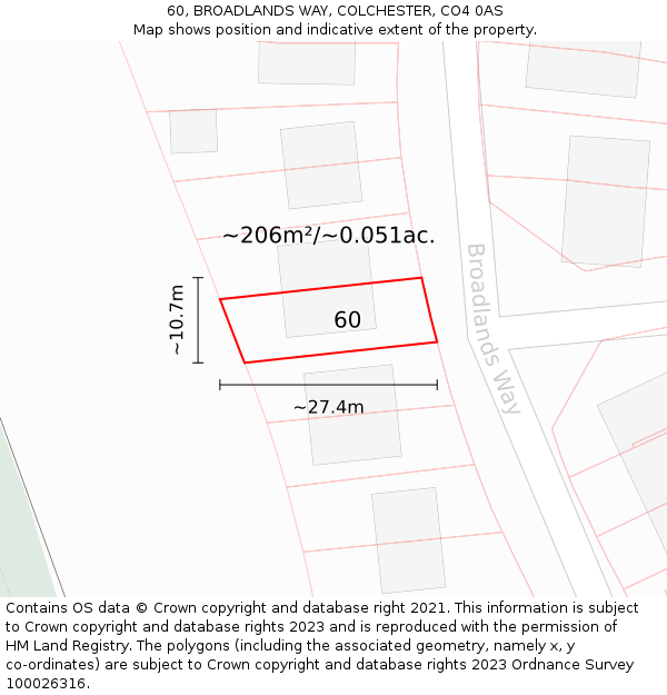 60, BROADLANDS WAY, COLCHESTER, CO4 0AS: Plot and title map