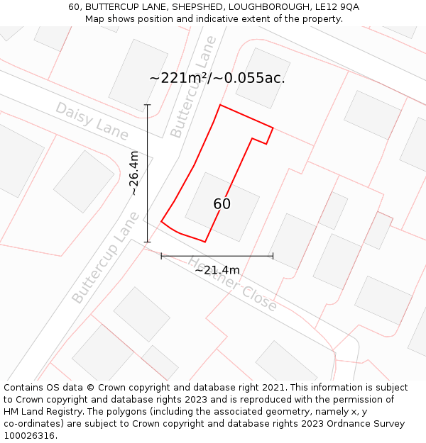60, BUTTERCUP LANE, SHEPSHED, LOUGHBOROUGH, LE12 9QA: Plot and title map