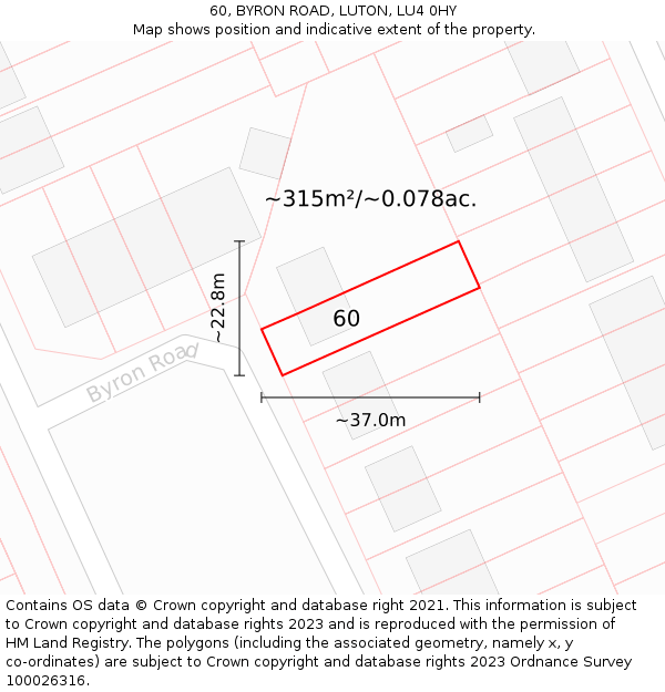 60, BYRON ROAD, LUTON, LU4 0HY: Plot and title map