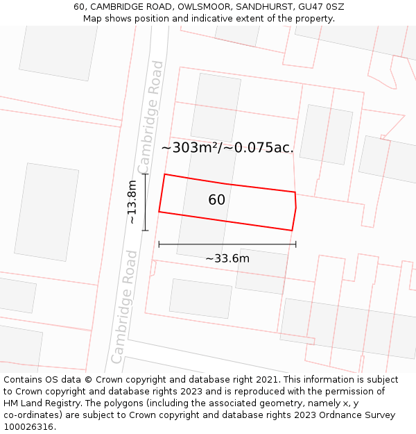 60, CAMBRIDGE ROAD, OWLSMOOR, SANDHURST, GU47 0SZ: Plot and title map