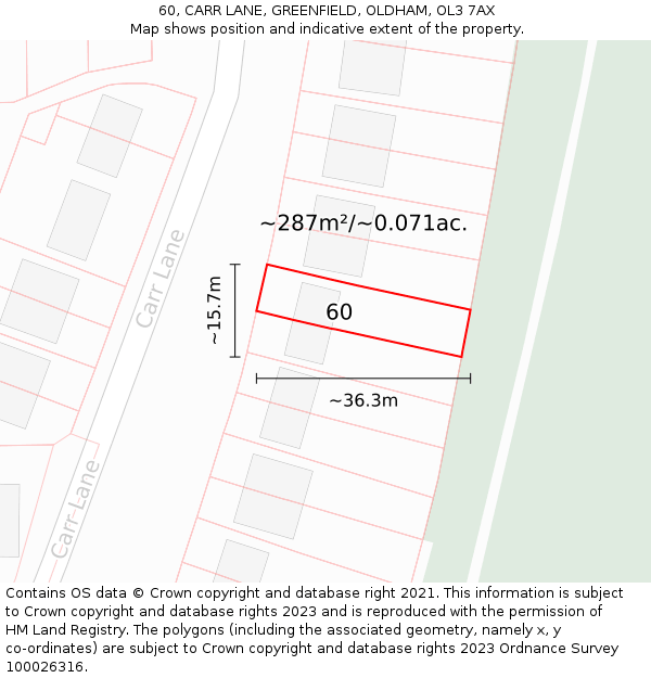 60, CARR LANE, GREENFIELD, OLDHAM, OL3 7AX: Plot and title map
