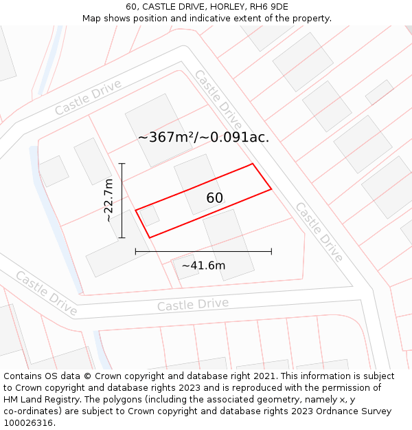 60, CASTLE DRIVE, HORLEY, RH6 9DE: Plot and title map