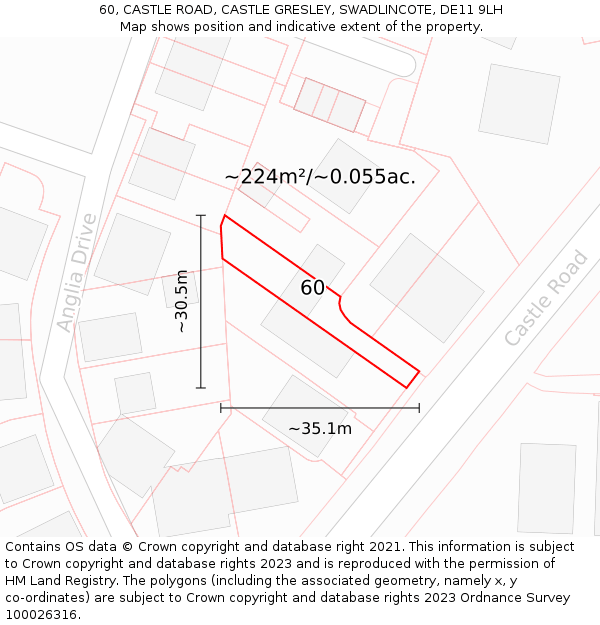 60, CASTLE ROAD, CASTLE GRESLEY, SWADLINCOTE, DE11 9LH: Plot and title map