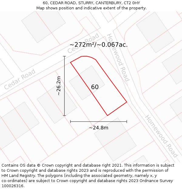 60, CEDAR ROAD, STURRY, CANTERBURY, CT2 0HY: Plot and title map