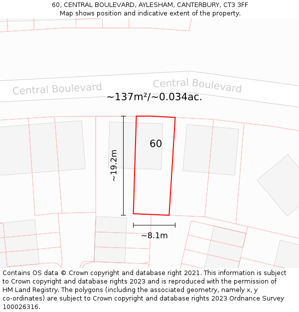 60, CENTRAL BOULEVARD, AYLESHAM, CANTERBURY, CT3 3FF: Plot and title map