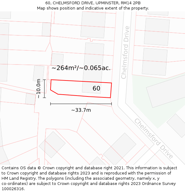 60, CHELMSFORD DRIVE, UPMINSTER, RM14 2PB: Plot and title map