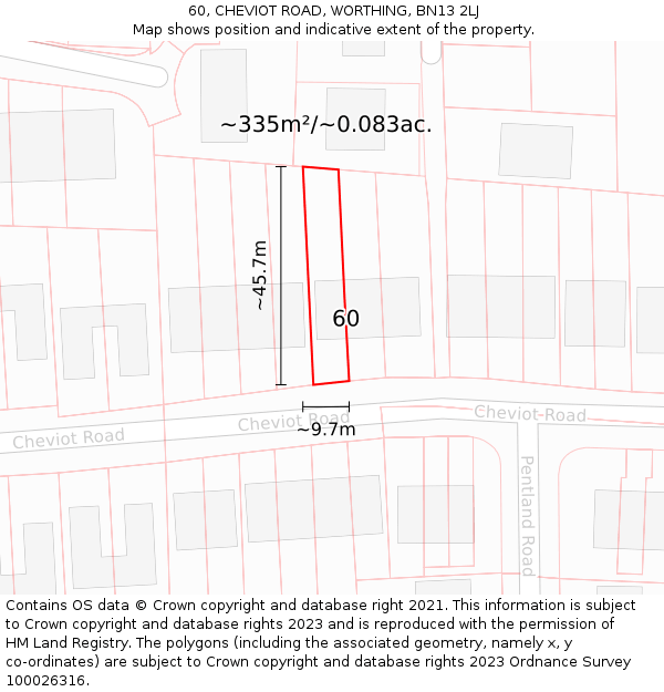 60, CHEVIOT ROAD, WORTHING, BN13 2LJ: Plot and title map